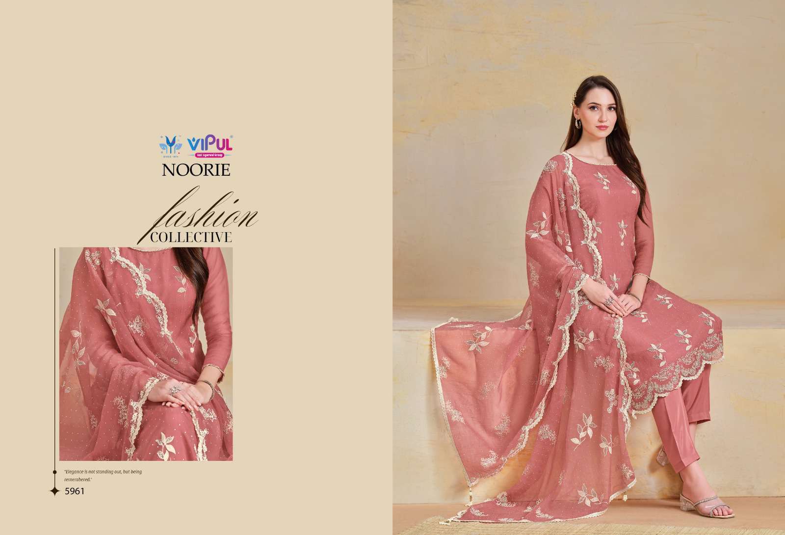 NOORIE SERIES 5961 TO 5966 BY VIPUL DESIGNER EMBROIDERY WORK ORGANZA CHIFFONE SUITS ARE AVAILABLE AT WHOLESALE PRICE