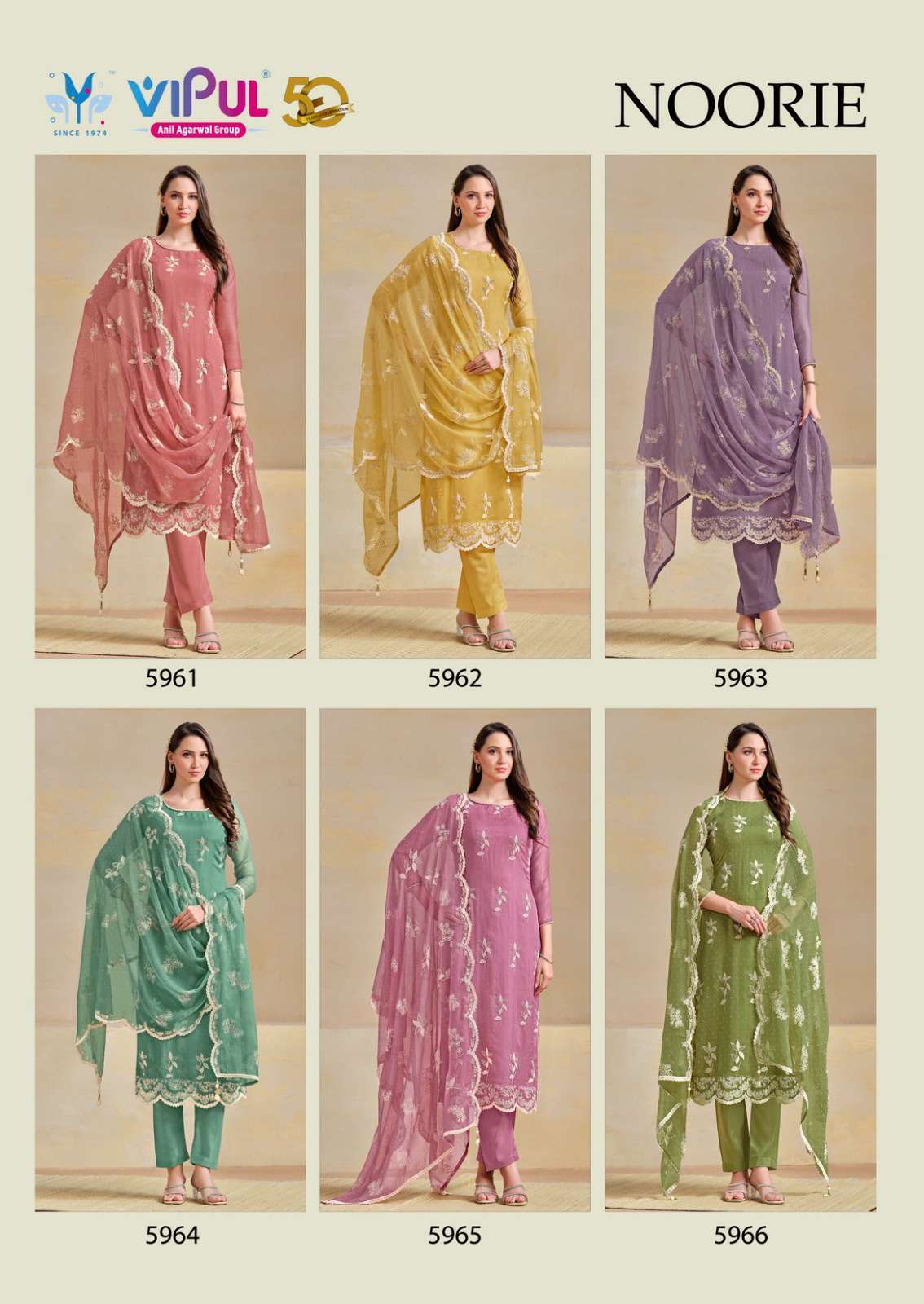 NOORIE SERIES 5961 TO 5966 BY VIPUL DESIGNER EMBROIDERY WORK ORGANZA CHIFFONE SUITS ARE AVAILABLE AT WHOLESALE PRICE