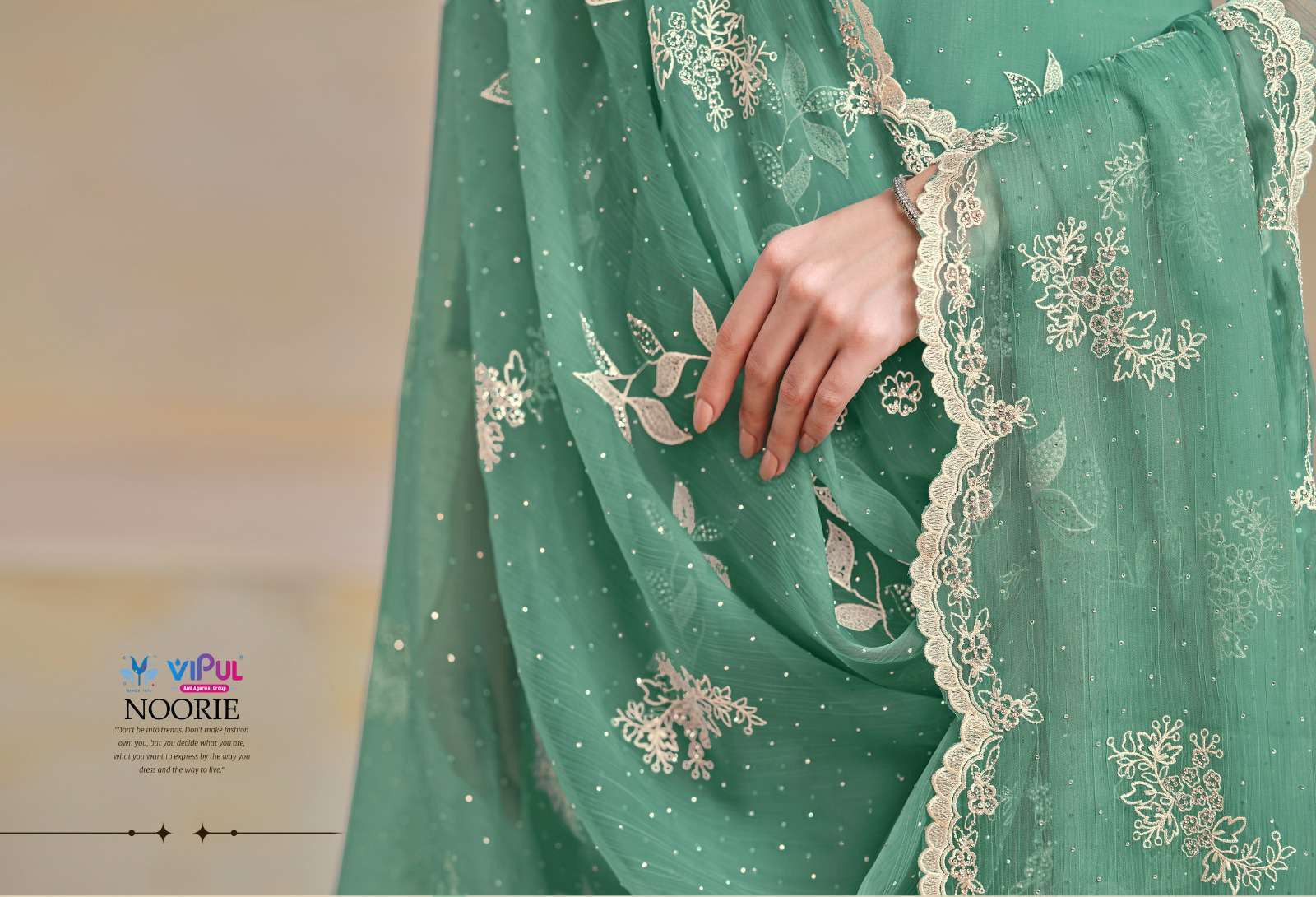 NOORIE SERIES 5961 TO 5966 BY VIPUL DESIGNER EMBROIDERY WORK ORGANZA CHIFFONE SUITS ARE AVAILABLE AT WHOLESALE PRICE
