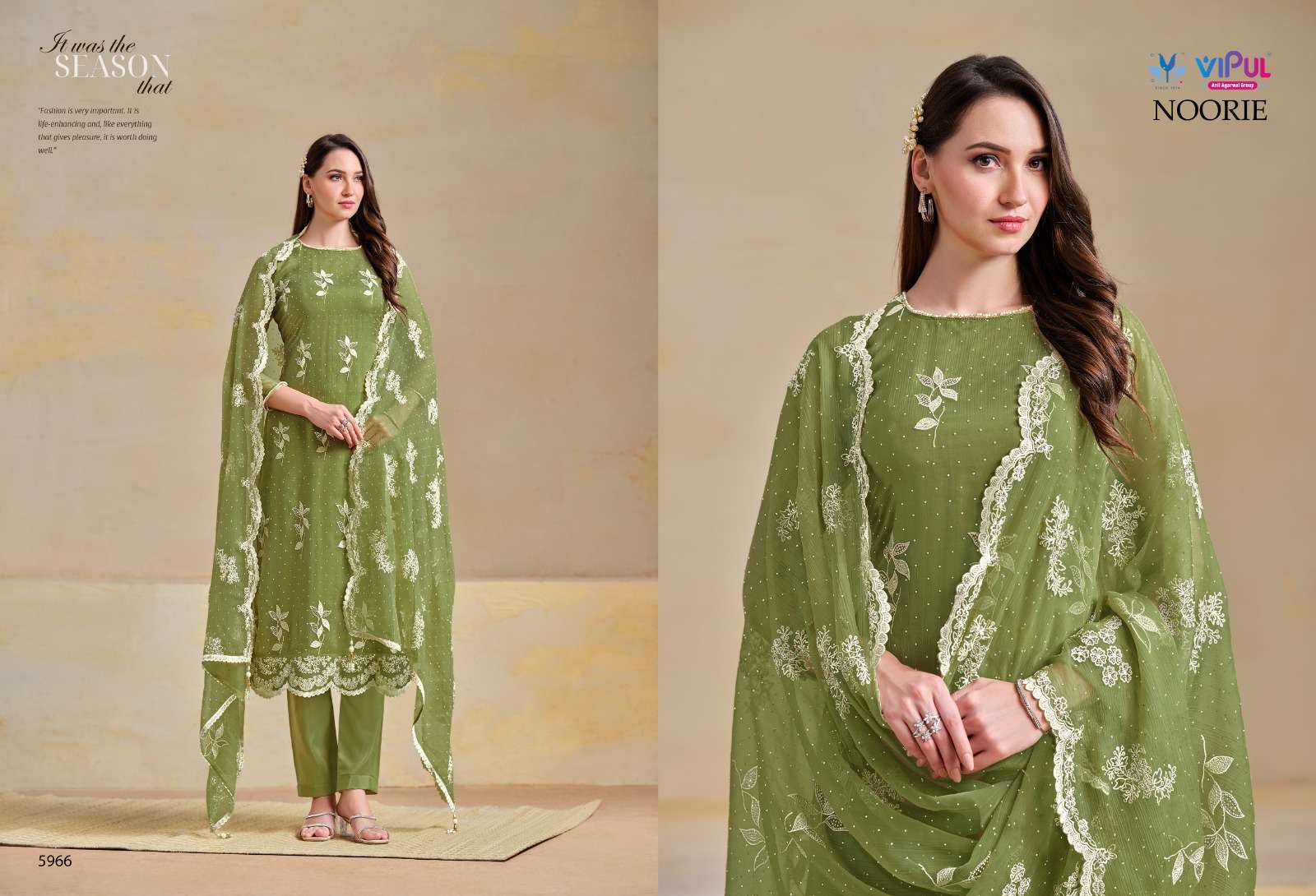 NOORIE SERIES 5961 TO 5966 BY VIPUL DESIGNER EMBROIDERY WORK ORGANZA CHIFFONE SUITS ARE AVAILABLE AT WHOLESALE PRICE