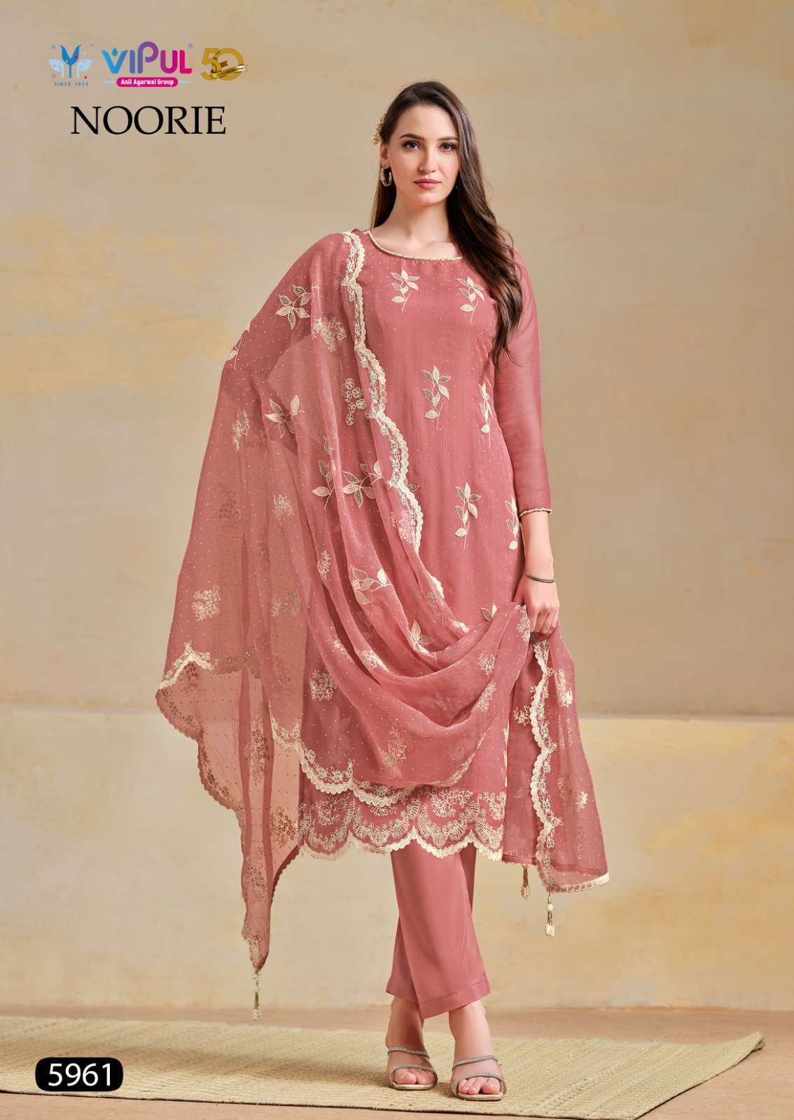 NOORIE SERIES 5961 TO 5966 BY VIPUL DESIGNER EMBROIDERY WORK ORGANZA CHIFFONE SUITS ARE AVAILABLE AT WHOLESALE PRICE