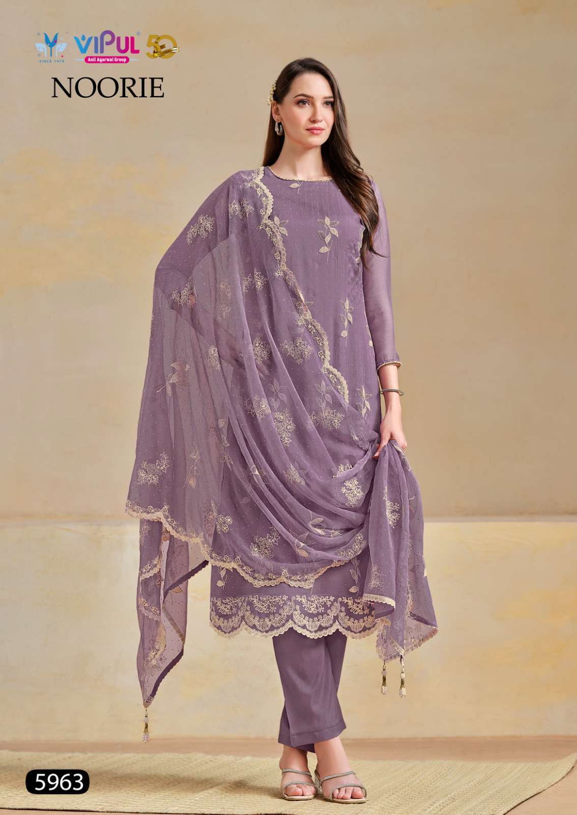 NOORIE SERIES 5961 TO 5966 BY VIPUL DESIGNER EMBROIDERY WORK ORGANZA CHIFFONE SUITS ARE AVAILABLE AT WHOLESALE PRICE