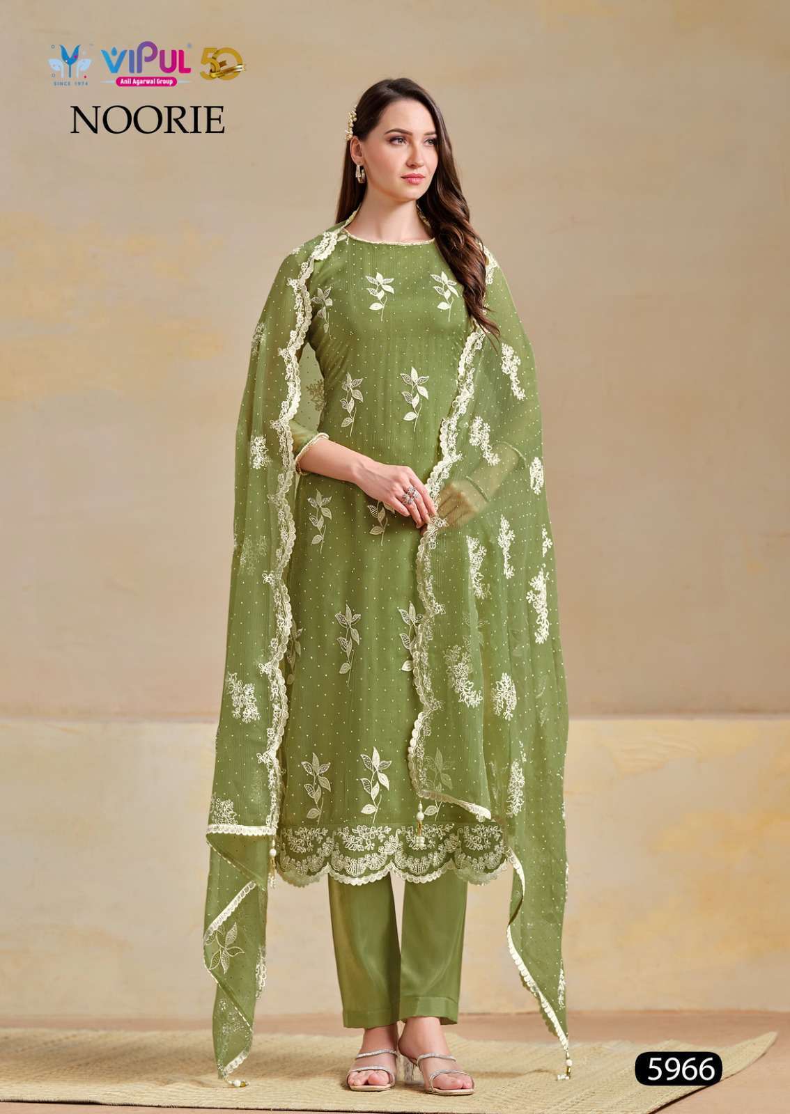 NOORIE SERIES 5961 TO 5966 BY VIPUL DESIGNER EMBROIDERY WORK ORGANZA CHIFFONE SUITS ARE AVAILABLE AT WHOLESALE PRICE