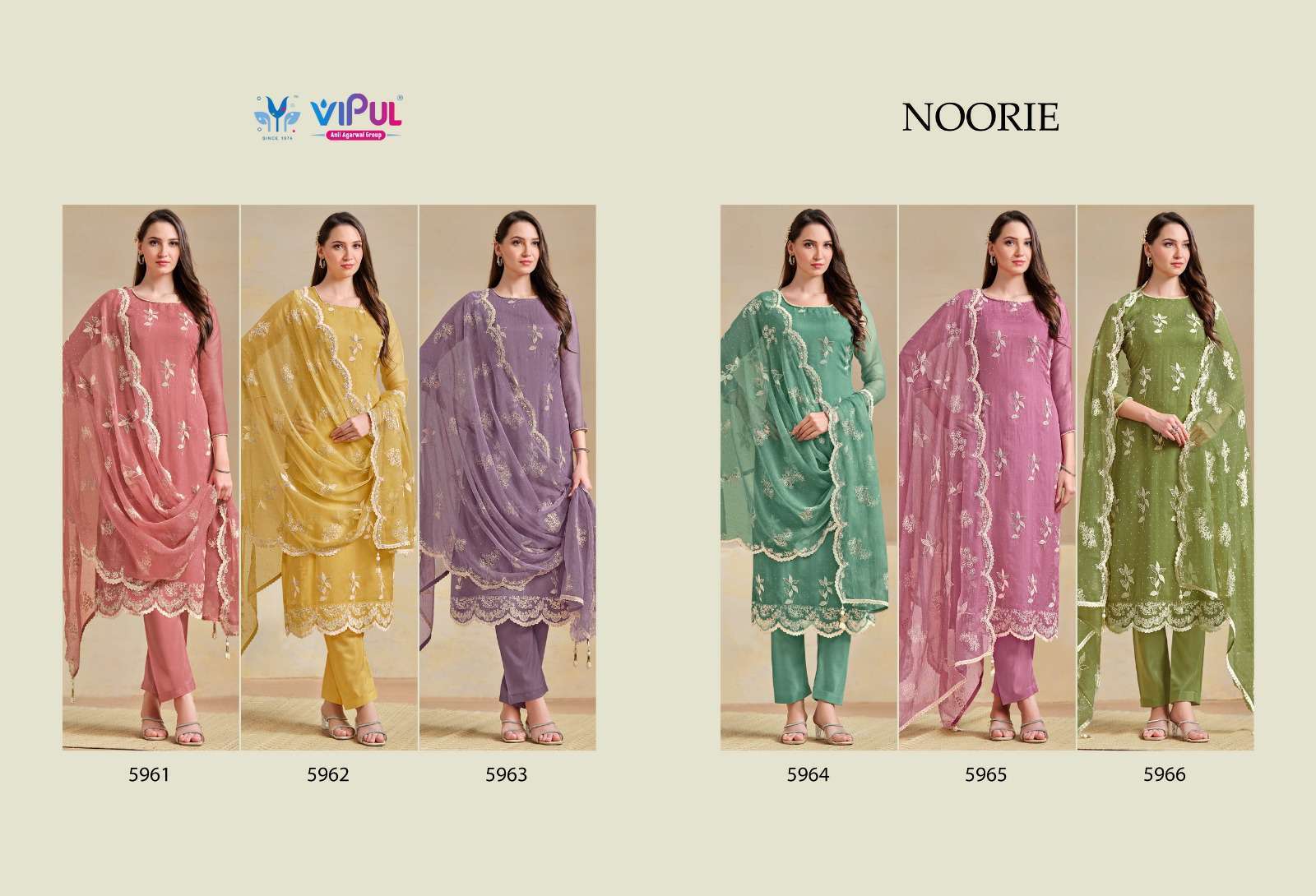 NOORIE SERIES 5961 TO 5966 BY VIPUL DESIGNER EMBROIDERY WORK ORGANZA CHIFFONE SUITS ARE AVAILABLE AT WHOLESALE PRICE