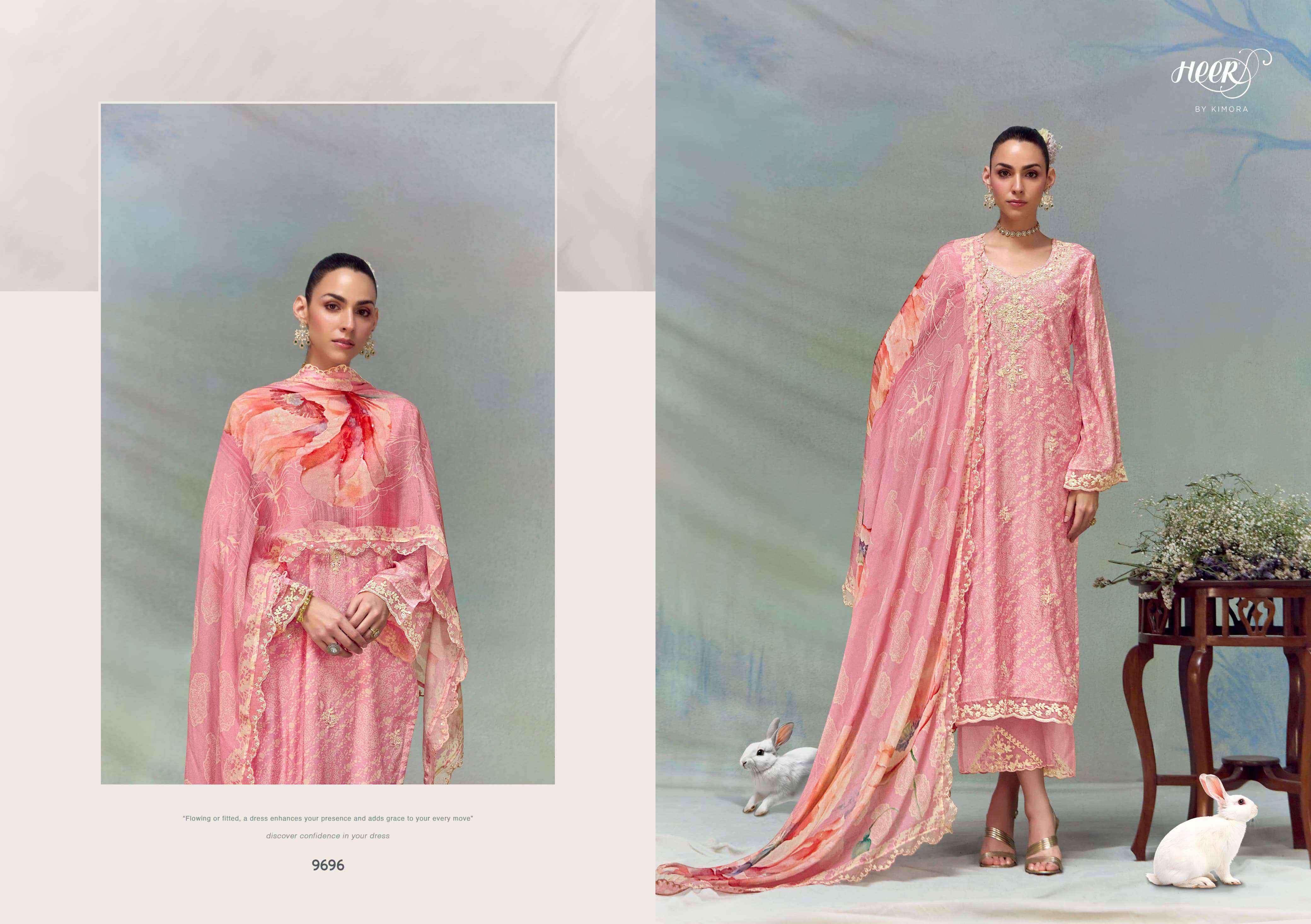 FLORENCE SERIES 9691 TO 9696 BY HEER KIMORA DESIGNER DIGITAL PRINTED AND WORK MUSLIN SUITS ARE AVAILABLE AT WHOLESALE PRICE