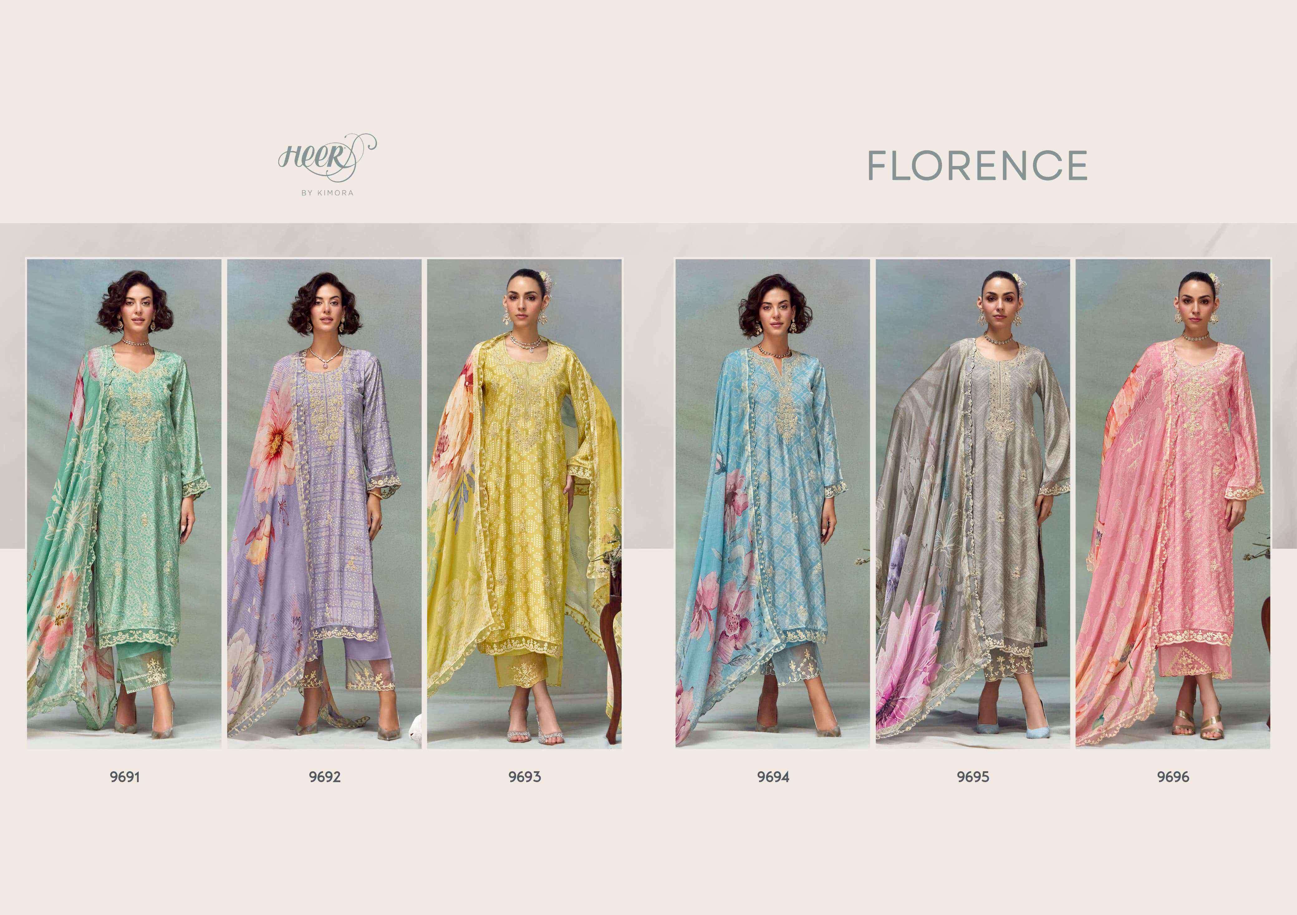 FLORENCE SERIES 9691 TO 9696 BY HEER KIMORA DESIGNER DIGITAL PRINTED AND WORK MUSLIN SUITS ARE AVAILABLE AT WHOLESALE PRICE
