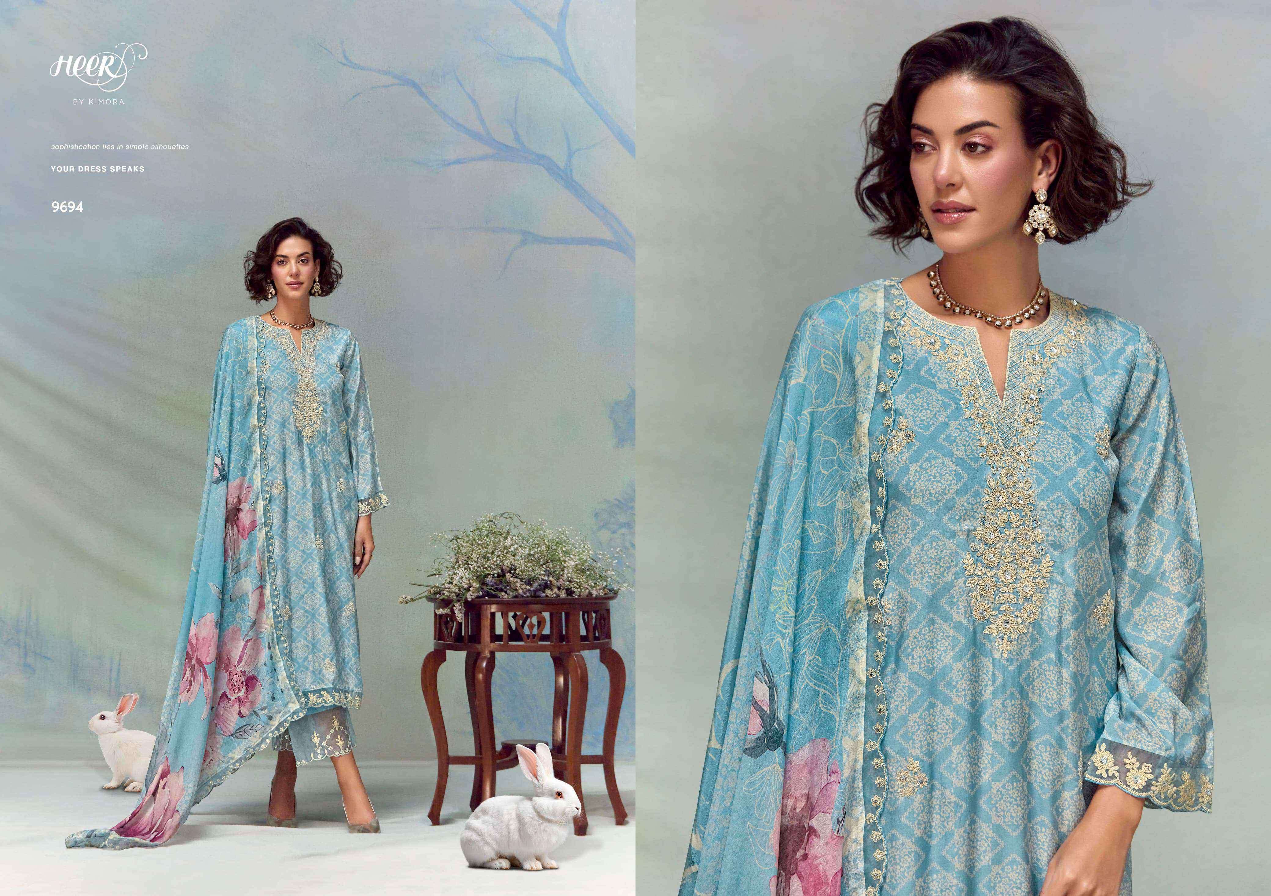 FLORENCE SERIES 9691 TO 9696 BY HEER KIMORA DESIGNER DIGITAL PRINTED AND WORK MUSLIN SUITS ARE AVAILABLE AT WHOLESALE PRICE