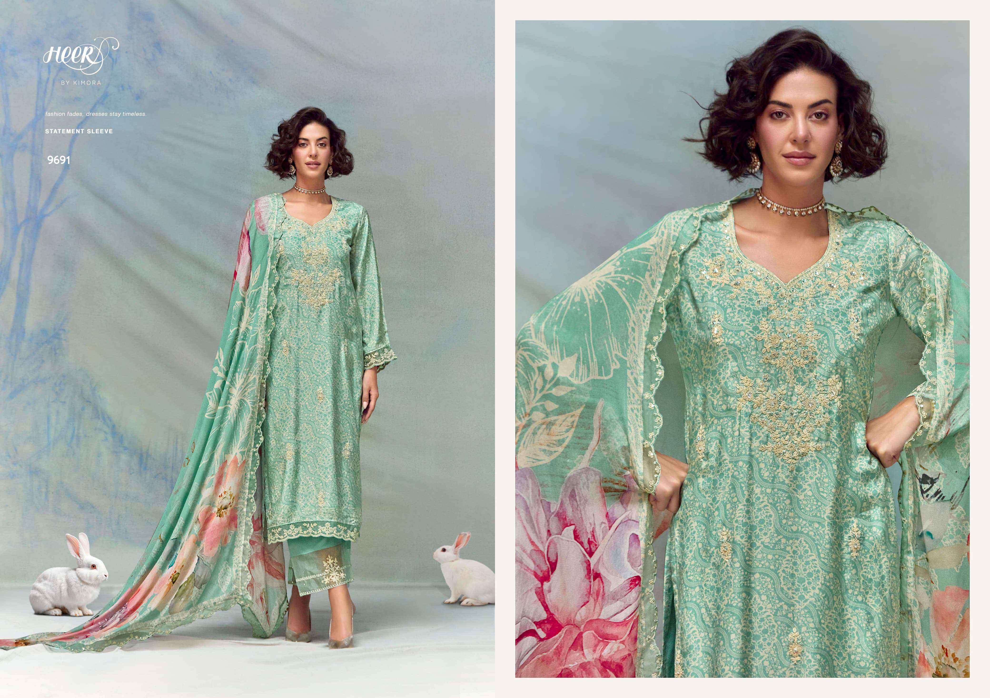 FLORENCE SERIES 9691 TO 9696 BY HEER KIMORA DESIGNER DIGITAL PRINTED AND WORK MUSLIN SUITS ARE AVAILABLE AT WHOLESALE PRICE