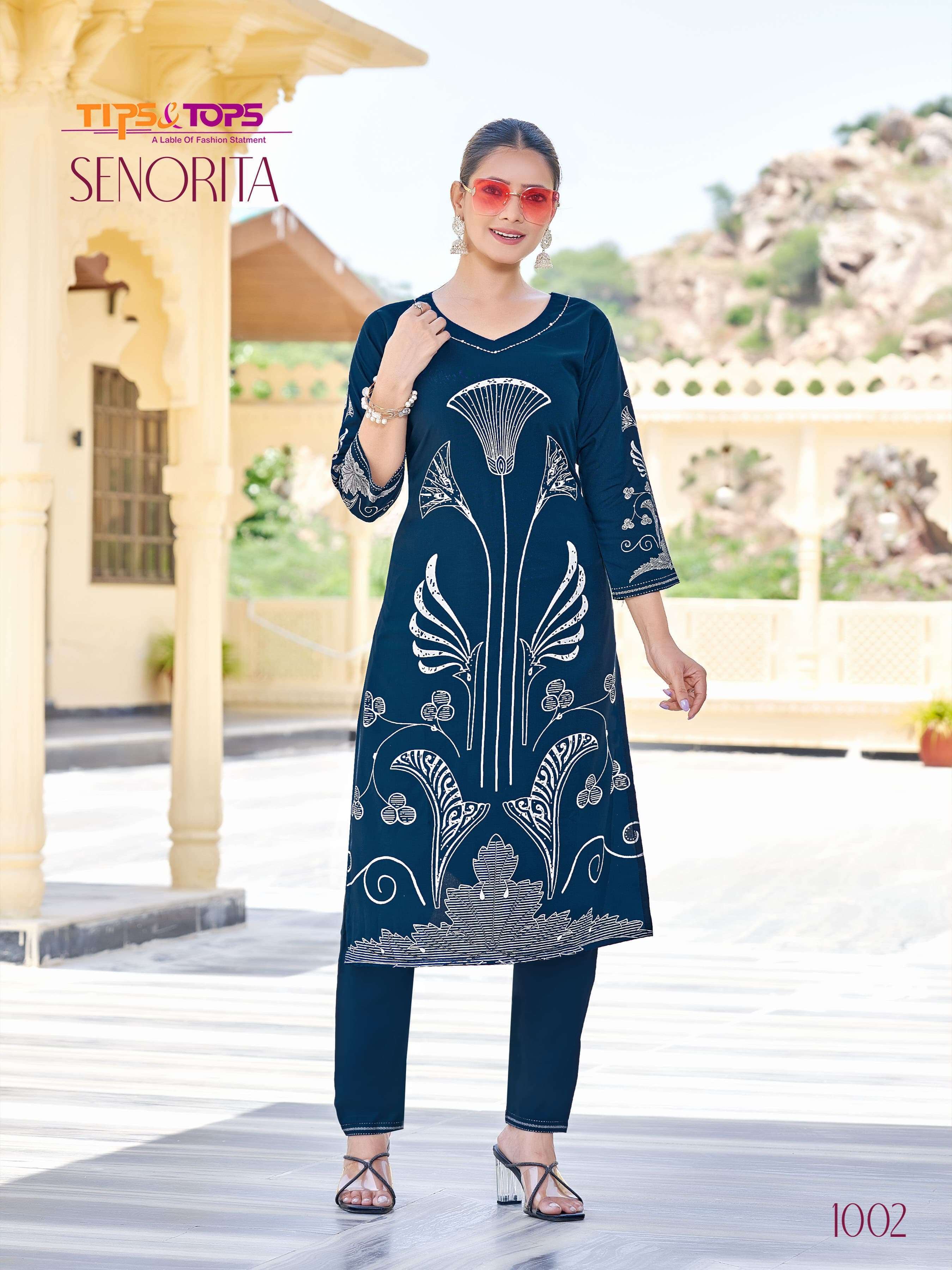 SENORITA SERIES 1001 TO 1004 BY TIPS & TOPS DESIGNER PRINTED AND WORK RAYON CO ORD SETS ARE AVAILABLE AT WHOLESALE PRICE