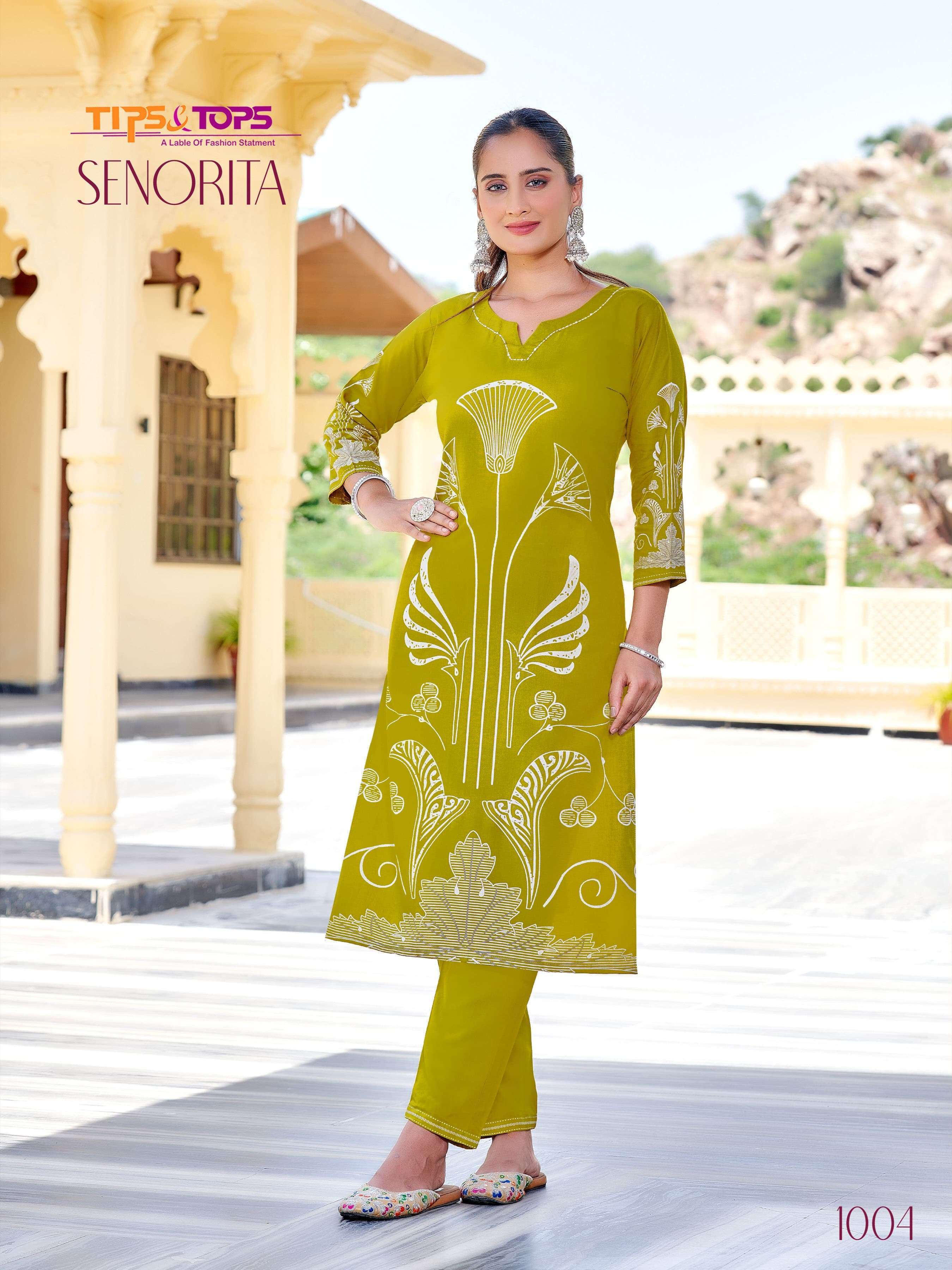 SENORITA SERIES 1001 TO 1004 BY TIPS & TOPS DESIGNER PRINTED AND WORK RAYON CO ORD SETS ARE AVAILABLE AT WHOLESALE PRICE