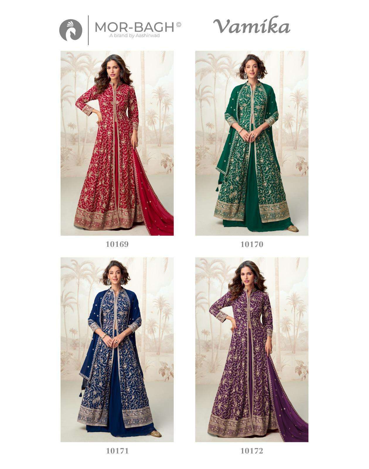 VAMIKA SERIES 10169 TO 10172 BY MOR BAGH DESIGNER EMBROIDERY WORK GEORGETTE READYMADE SUITS ARE AVAILABLE AT WHOLESALE PRICE 